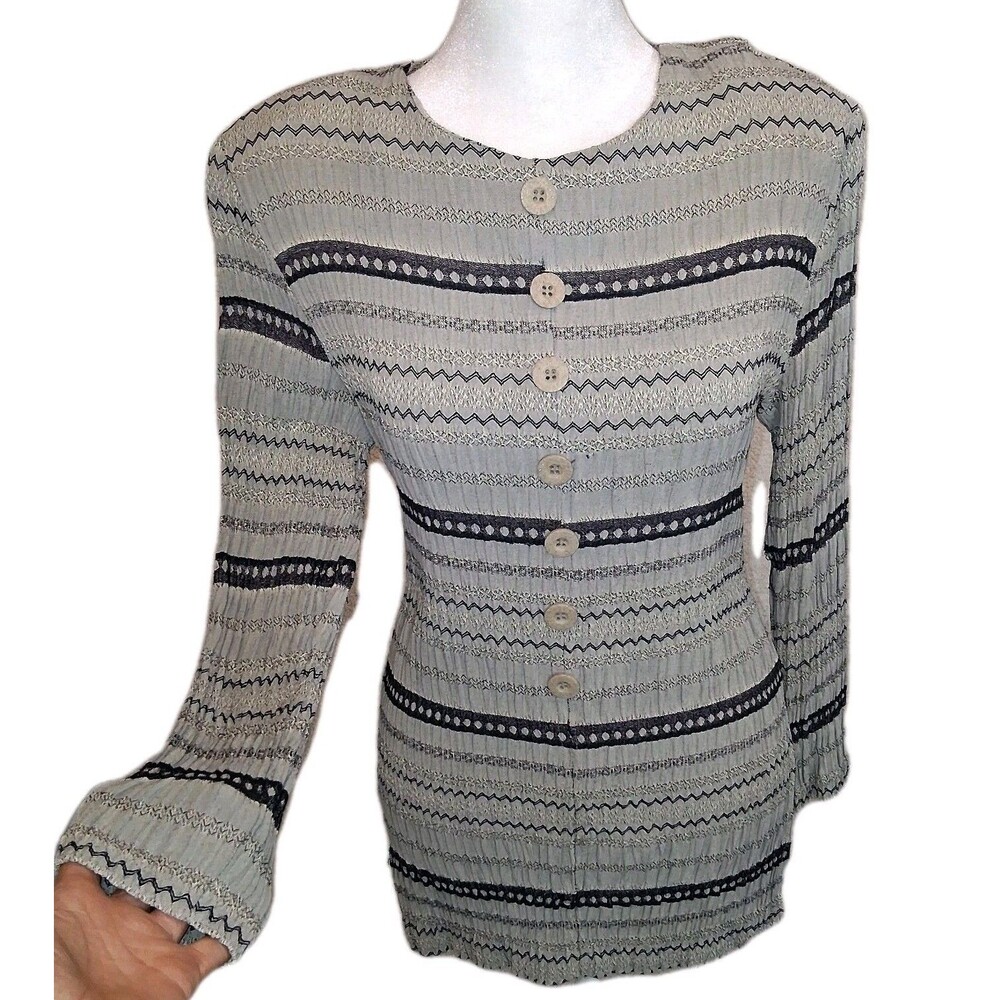 Vintage Tunic Sz S Crinkle Pleated Neutral Striped Sophisticated Modest 90s/80s